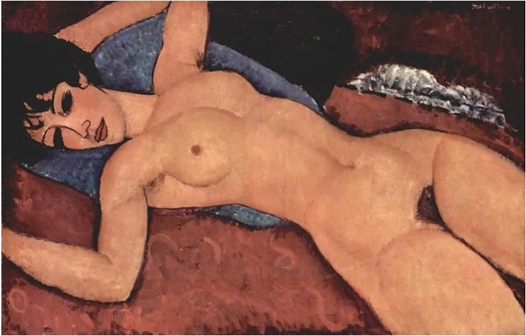 Amadeo Modigliani – Mavi Yastıklı Uzanmış Çıplak (Reclining Nude with Blu Cushion)